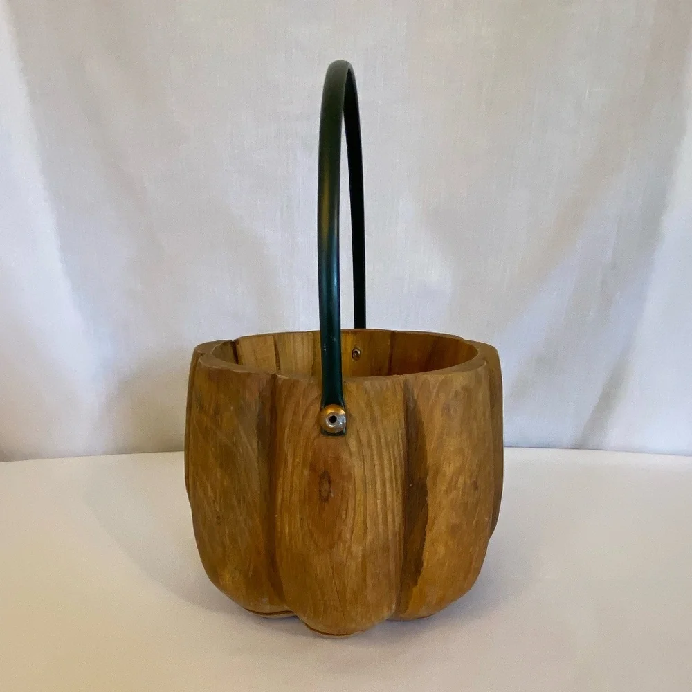 Rustic Pumpkin Bucket Pail Planter Candy Bowl Primitive Wooden Metal Handle